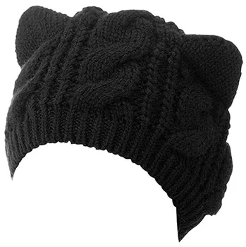 1 BUC Femei Acrilice Pisică Ureche Tricot Negru Beanie Pălărie Tricotate Urs Negru Pălărie Rece de Protecție Moale Cald de Interior, în aer liber, Drumeții Noi