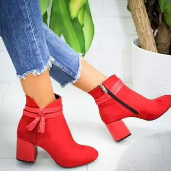 2021 Ciucure Roșu Glezna Pantofi Femei Pantofi Singur Cizme Toamna Iarna a Subliniat Deget de la picior Gros, Cu Cizme Scurte