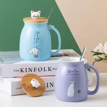 450ML Japoneză Proaspete de Desene animate Pisica Cana de uz Casnic Minunat Ceramice Lingura cu Capac Cuplu Birou Cana de Apa