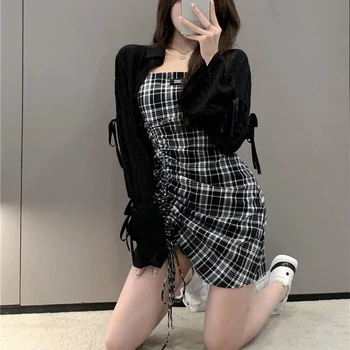 Femei Seturi Carouri Shirring Rochie Mini Trunchiate Tricou De Vara Sexy Harajuku Petrecere Feminin Design La Modă Slim Vintage 2 Buc Noi