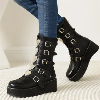 GIGIFOX de moda negru de iarnă pantofi pentru femeie cizme de mari dimensiuni 43 confortabil de mers pe jos catarame stil gotic strada rece de vițel cizme