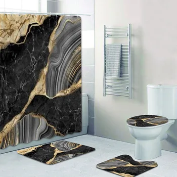 Lux Negru si Folie de Aur Marmura Piatra Textura Model de Perdele de Baie Set cu Covoare Covoare Abstract de Aur Vene Toaletă Decor