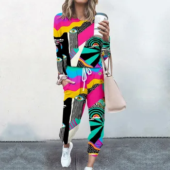 Maneca lunga Pulover Tricoul Pantaloni Sport Set abstracte 3D de Imprimare Trening Femei de Îmbrăcăminte женские штаны ropa de mujer