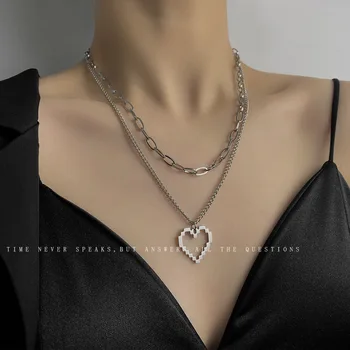 Mozaic Inima în Formă de Oțel de Titan Dublu Strat Colier pentru Femei Personalizate Hip Hop Netflix Stil Minimalist Dragoste Pandantiv