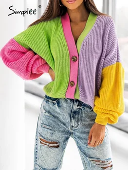 Simplee de bloc de Culoare supradimensionat felinar sleeve cardigan femei Toamna iarna plina de culoare pulover cardigan Za moda strat liber 2021