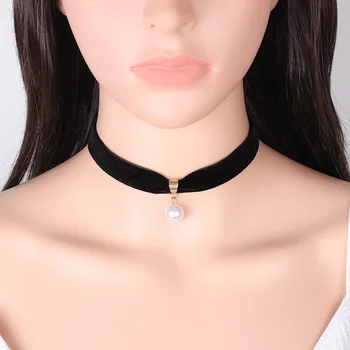Simplu Vintage de Catifea Perla Cravată Scurt Negru Clavicula Colier Guler stil Gotic Coliere Coliere pentru femei