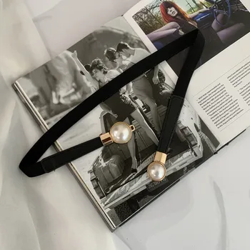 Înguste Elastic Curea pentru Femei Rochie Pulover, Fusta cu Talie Decorative Studenți de sex Feminin Pearl Accesorii Cinturones Negru