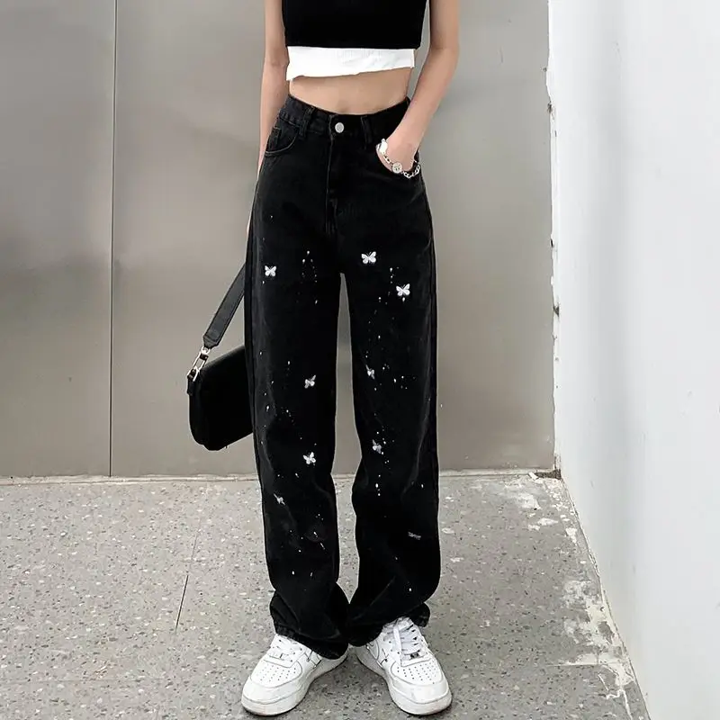Nebun Respinge Primul  Houzhou Streetwear Fluture De Imprimare Blugi Largi Pentru Femei De Moda  Coreeană Talie Mare Negru Denim Pantaloni Oversize Casual Pantaloni Largi ~  Funduri | Denimdistribution.ro