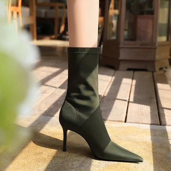 2021 Femei Elegante Fire Ciorap Elastic Cizme Nude, Verde 7.5 cm Stripteuză Tocuri de Mătase, Cizme Glezna Cizme Stiletto Plus Dimensiune Pantofi