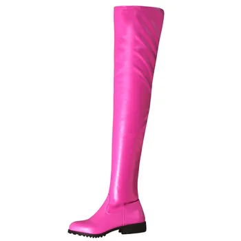 2021 Femei Pantofi cu Tocuri Joase Coapsa Inalta Elastic Cizme Toamna Iarna Dimensiune Mare Rose-roz Verde de Înaltă Calitate Peste Genunchi Cizme