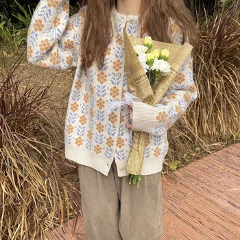 2021 Toamna Femei Tinere Stil Prerie Chic Flori Maneca Raglan Florale Harajuku Pulover Cardigan Tricotate Pulovere haine Subțiri