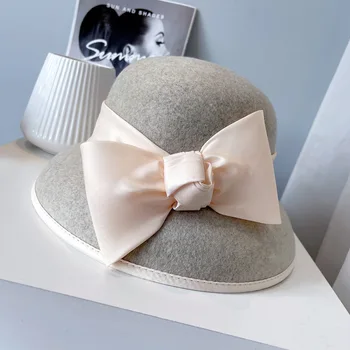 202110-2506654 noi Hepburn stilul grace bowknot lână cină formală doamna găleată cu capac femei pălărie de petrecere a timpului liber