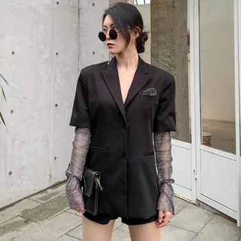 2021New Moda Crop Top Blazer Coat Feminino Dintata Complet Maneca Plasă de Diamante Mozaic High Street Blazer Negru Îmbrăcăminte exterioară
