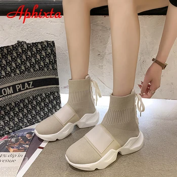 Aphixta 2021 Noi Indesata Unic Șosete Cizme Femei Dantelă-up Tesatura Stretch Elastic Inaltime Increaming Glezna Cizme Pantofi de Femeie Bărci