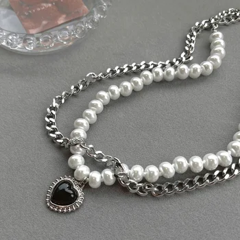 Artificiale Coliere De Perle Femeile Iubesc Inima Colier Femeie Stratificat Pandantiv Romantic Clavicula Lanț Culoare Argintiu Metal Sokken