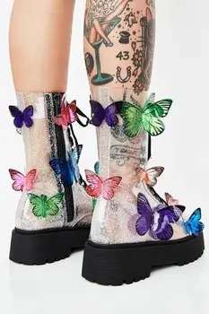 Clar Sclipici Indesata Dantelă Sus Cizme Cu Fluture 3D Femei Platforma Colorate Jumătatea Vițel Cizme Transparent Gros de Pantofi Talpa