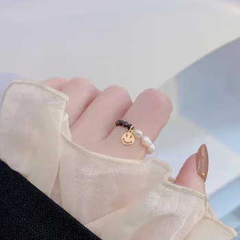 Coreea de Design de Moda de Cristal Negru cu Margele Inel pentru Femei Simplu Smiley Elastic Pearl Inel de Toate-meci de Nișă Bijuterii