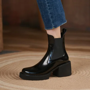 Doamnelor Negru Din Piele Tocuri Platforma Glezna Cizme Pentru Femei Toamna Iarna Chelsea Scurt Indesata Cizme Pantofi Bottine Femme