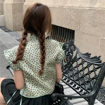 Femei Seturi De Stand Guler De Dantelă Sus Tricouri Mini-Fuste Plisate Print Floral Stil Chinezesc Verde Negru Elegant Kawaii Casual Chic New