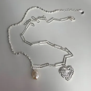 FOXANRY Argint 925 Despicare Lanț Colier pentru Femei la Modă, Elegant, Textura Neregulată DRAGOSTE Inima Perla Petrecere Bijuterii