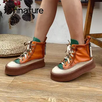 Johnature Piele naturala Pantofi Femei Cizme de Culori Amestecate de Agrement Toe Rotund Dantela-up Retro 2021 Nou Toamna Manual Cizme cu Platforma