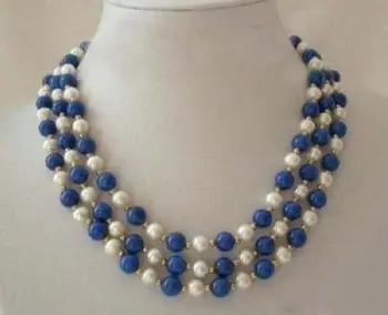 Moda 3 rânduri alb natural 7-8mm pearl albastru 8mm lapis lazuli rotund margele colier pentru femei cu transport gratuit 17-19inch BV357