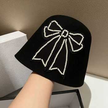 Moda Cald Pălărie Găleată De Toamnă Pălării De Iarnă Pentru Femei În Aer Liber Perla Mare Arc De Lână Pescar Capac Japoneză Bell Bereta Tricot