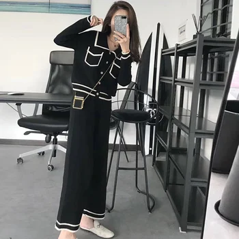 Moda Cu Dungi Tricotate Costum Pentru Femei Elegante Singur Pieptul Maneca Lunga De Sus Și Tricot Largi Picior Pantaloni 2021 Nou Costum Coreeană