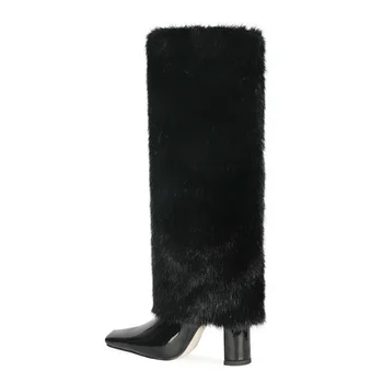 Moda de iarnă de Blană pentru femei Cizme pentru Femei 2021 Noi Ține de Cald cu toc, Deget de la picior Pătrat Genunchi Ridicat Cizme Sexy Femei Pantofi Negru Bej 34-45