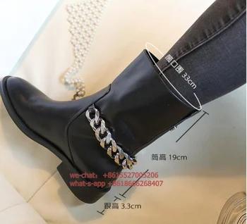 Negru din piele cu toc pătrat rotund toe pantofi pentru femeie lanțuri cizme Genunchi ridicat