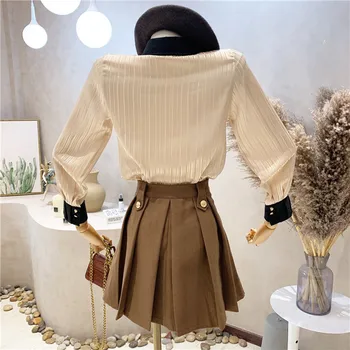 Noi de Îmbrăcăminte pentru Femei 2021 Toamna Iarna Design arc vertical stripe camasa + fusta plisata set de două piese de costume de rochie