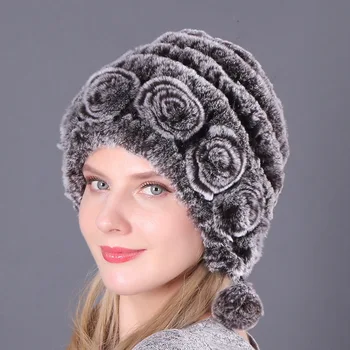 Noi Flori Naturale Dungi Real Blana De Iepure Rex Pălării De Iarnă Pentru Femei Cald Tricot Căciuli Rusești În Aer Liber, Pălării De Blană