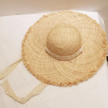 Noi Vara Rafie În Aer Liber, De Călătorie De Protecție Solară Plajă Pălărie Albă De Mătase Panglică Fedora Pălărie Margine Largă De Epocă Dom Dantelă Pălărie De Paie