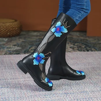 OEING Femei din Piele Genunchi Cizmele Broderie Retro Floral Indesata Toc Rotund Toe Pantofi Etnice Plus Dimensiune