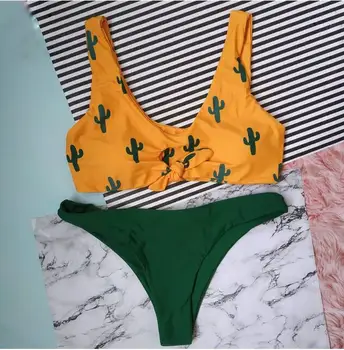 OULING Cactus de Imprimare Micro Bikini Tanga Mujer 2018 Push-Up Biquini Tanga Sexy Costum de Baie Femei Înot Purta Două Piese de Costume de baie