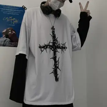Punk Stil Gotic Întuneric Hip Hop Fals Două Piese Supradimensionate Barbati Tricou Maneca Lunga Îmbrăca Japoneză Streetwear Unisex Toamna Cruce De Imprimare