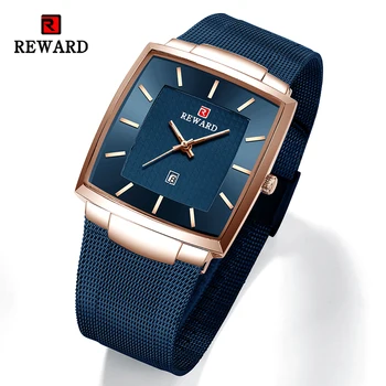 Recompensa Bărbați Cuarț Ceas de Lux de Afaceri Pătrat Ceasuri de mână Data Plasă de Oțel Ceasuri Aliaj Clasic Ceas de mână pentru Bărbați