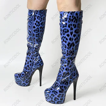 Ronticool Noi Femeile de Iarnă Platforma Strălucitoare Genunchi Cizme Leopard Rotund Toe Stilet Tocuri Maro Albastru Gri Club Pantofi NOI Marimea 5-20