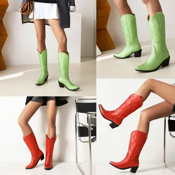 SaraIris Retro Jumătatea Vițel Cowboy Fermiera Cizme Toc Indesata Genunchi Ridicat Cizme Cu Platforma Pentru Femei La Modă Elegant Vânzare Fierbinte Vest Pantofi