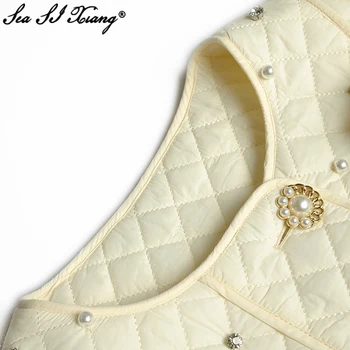 Seasixiang Designer De Moda Toamna Iarna Carouri Pentru Femei Costum Cu Maneci Lungi Ștrasuri Din Mărgele Single Breasted Coat + Fuste Set De Doua Bucati