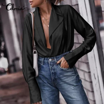 Sexy Toamna Topuri Cu Maneci Lungi Femei Elegante Din Satin Tunici Asimetric Rever Tricouri Celmia 2021 Cardigan Streetwear Solid Bluze