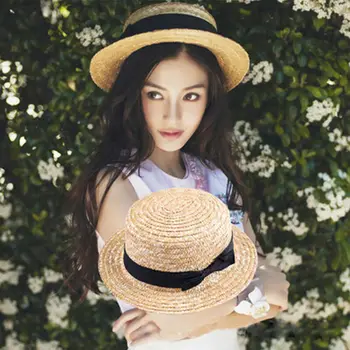 Stil Boho Femei Fata De Soare, Pălării De Vară Pe Plajă În Aer Liber Pălărie Familie De Potrivire De Paie, Pălării De Soare Bowknot Plat Margine Largă Plajă Capace