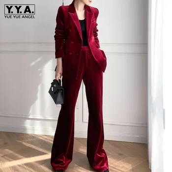 Streetwear Femei Blazer Roșu Set De Lux Elegant De Catifea Subțire Dublu Rânduri Sacou Costum Pantaloni Largi Picior 2 Bucati Set Costum De Birou