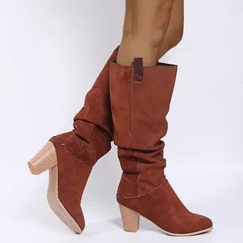 Toamna de Moda pentru Femei Gros cu Cizme Jumătatea Vițel Cizme de Alunecare Pe Femei Casual Pantofi Cald Iarna cu Toc Cizme Genunchi