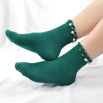 Șosete de moda cu perle frilly Culoare Solidă Respirabil Glezna Șosete de Bumbac Drăguț Personalizate Tendință Creatoare Japoneze Ciorapi de Femeie